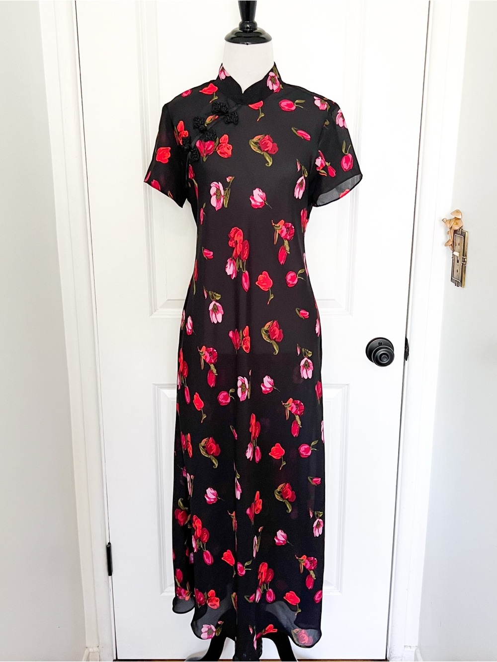 Vintage Semi Sheer Black Floral Midi Cheongsam Style Dress with Pink & Red Bloom